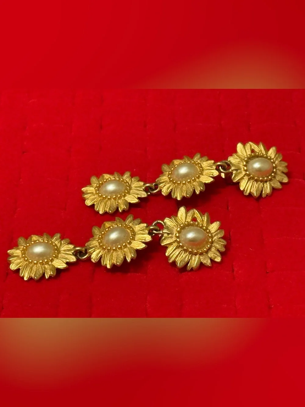 Vintage Statement Long Gold-Tone Sunflower Drop Earrings with Pearl Centers